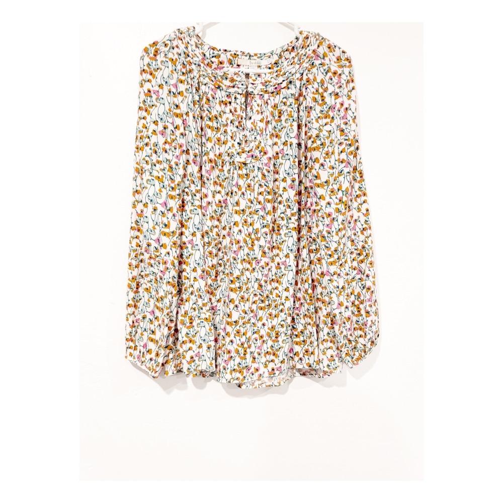 Boden Floral Pleated Neck Blouse Multi Color Long Sleeve Top US 10